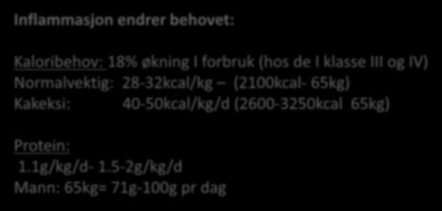 Pro-innflammasjon og endret metabolisme Inflammasjon endrer behovet: Kaloribehov: 18% økning I forbruk (hos de I klasse III og IV) Normalvektig: 28-32kcal/kg (2100kcal- 65kg) Kakeksi: 40-50kcal/kg/d