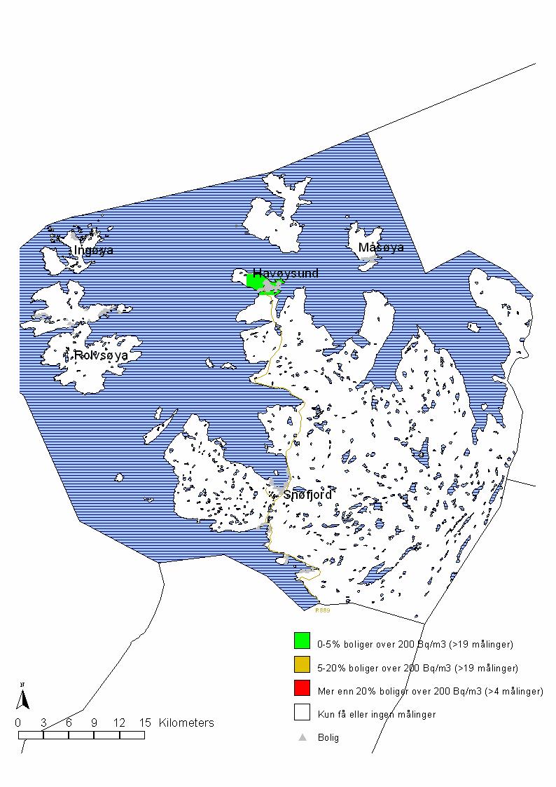for at en bolig innenfor skravert område har forhøyde radonkonsentrasjoner. Figur 1 viser områdekart for Måsøy kommune.