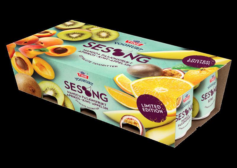 TINE Yoghurt Sesong Vår 8 x 150 g SMAK AV VÅR Nå får du TINE Yoghurt med smak av vår. Spennende sesongsmaker for hele familien: mango & pasjonsfrukt, aprikos, kiwi og appelsin.