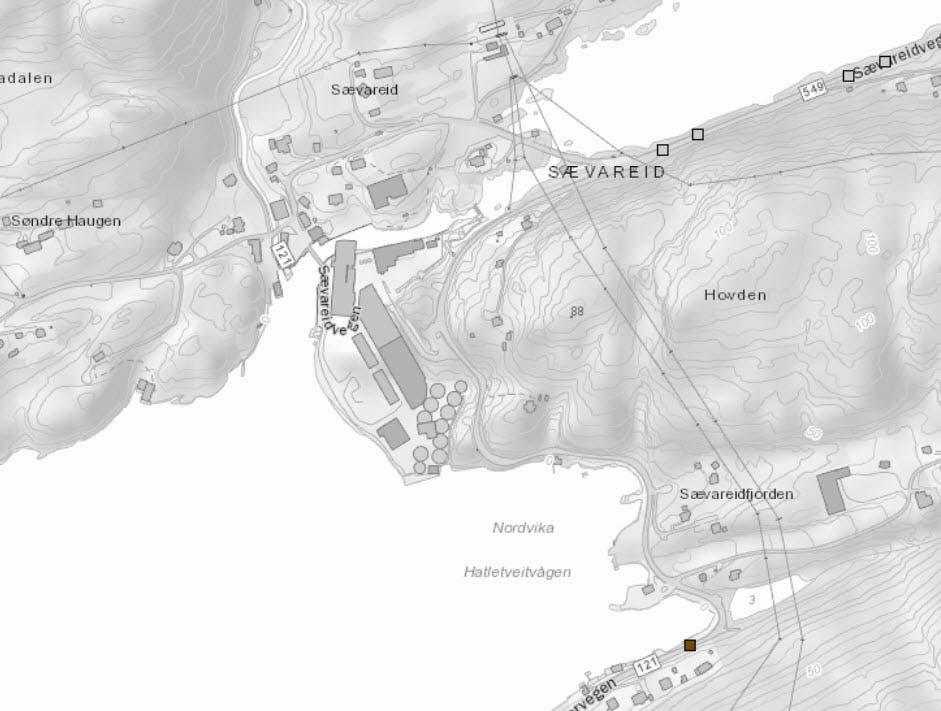 Figur 5. Kart med registrerte skredhendelser i det aktuelle planområdet og i nærheten (www.skrednett.no). De grå firkantene representerer steinsprang.