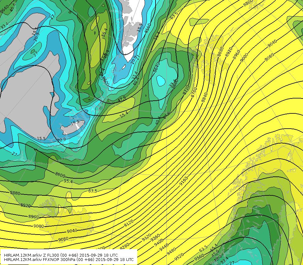 5 km fra 2015-09-27 viste områder med full storm vest for kysten av Troms og Finnmark (Figur