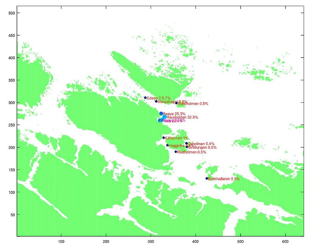 Kontinuerlig jobb - Kunnskapsbasert Modellert smittespredning av PD virus fra Ilsøya Informasjonen er tatt fra SINTEFs SINMOD modellen, i 2010 ut fra data for hele kalenderåret 2008.