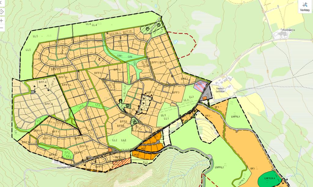 Sæterberget BF6 Hauga n Kort om planforslaget I utgangspunktet startet revisjonen med et ønske fra forslagsstiller om å endre planbestemmelsene slik at de ble mer i tråd med det da nylig regulerte