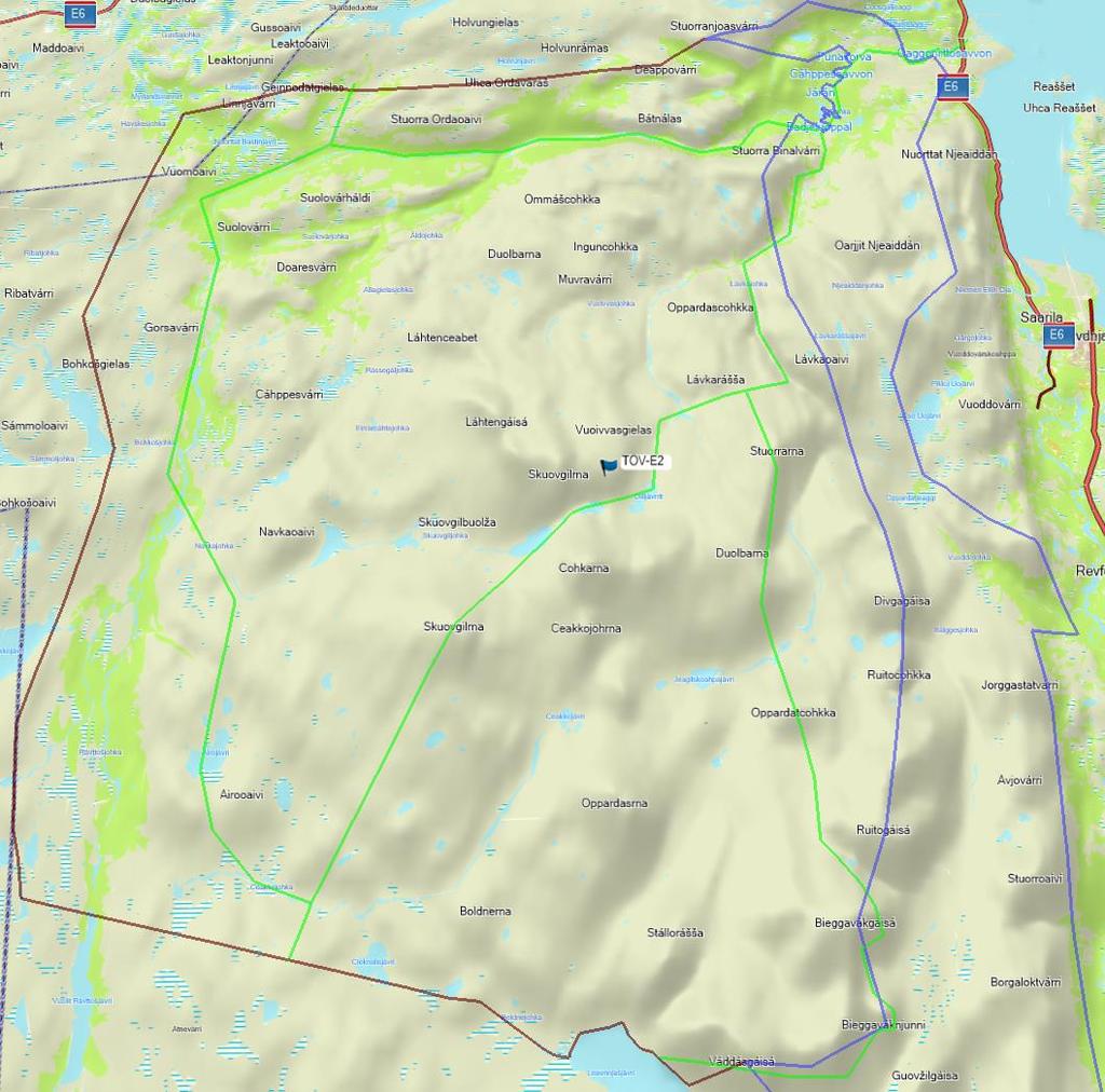 Kart 2: Omtrentlig plassering av omsøkte landingspunkt i Skuovgilráššá i Stabbursdalen nasjonalpark (mørk rød linje nasjonalparkgrensen, blå linje er landskapsvernområdegrensen og grønn linje