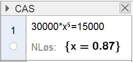 c Vi får likningen 30 000 x 5 = 15 000. Vi løser oppgaven i CAS. Vekstfaktoren lir 0,87. 1 0,87 = 0,13 Bedriften må redusere utslippet med 13 % per år.