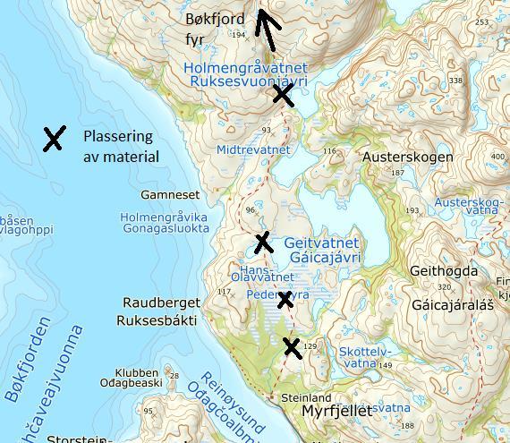 Søknad om dispensasjon for frakt av materiale med snøskuter vinteren 2019 Kart over plassering av materiale Kjøring følger trasè for merket sti Renøysund Holmengråvann Materialer til våtmyr før