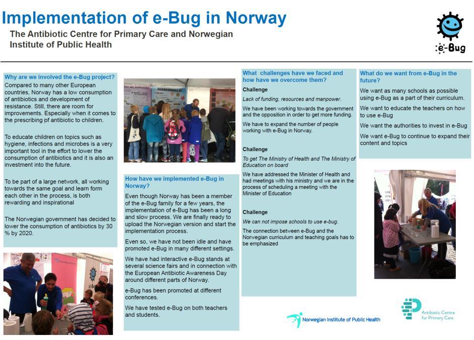 e-bug består av en pedagogisk lærer og en elevpakke som styrker bevisstgjøringen rundt viktige problemstillinger innen hygiene og antibiotika, ved hjelp av detaljerte, interaktive læreplaner og en