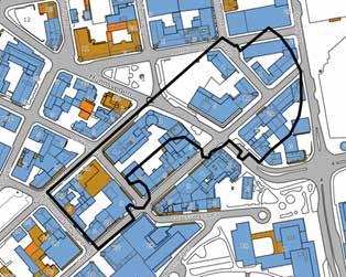 Kauffeldsplass og rådhusets utearealer. Rådhuset har inaktive fasader. Ved rehabiliteringen av rådhuset vil det være viktig at fasader åpnes og publikumsfunksjoner plasseres i første etasje.