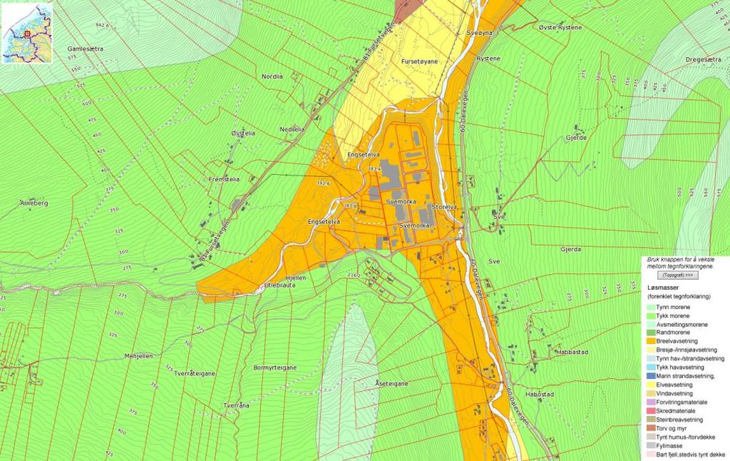 10 (12) 3.6.3 Grunnforhold Området er i all hovedsak bestående av Breelvavsetning og tykk morene. Breelvavsetning er materiale transportert og avsatt av breelver.