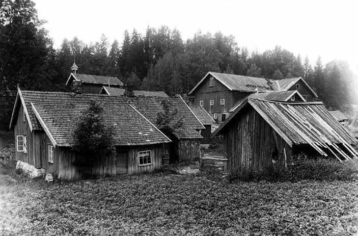 Bygninger på Syverud gård i 1895. Bildet er tatt fra en vinkel som skulle vise myndighetene klart og tydelig at det var behov for økonomisk støtte til vedlikehold.