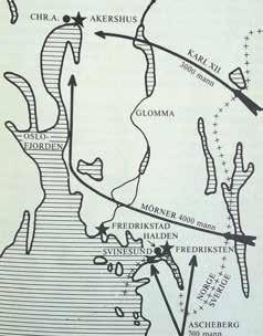 Angrepsplanen for 1716-felttoget er vist i figur under og besto av: En armégruppe på 3000 mann ledet av kongen selv skulle bryte inn fra Värmland. Herfra var det kun 75 km til Christiania.