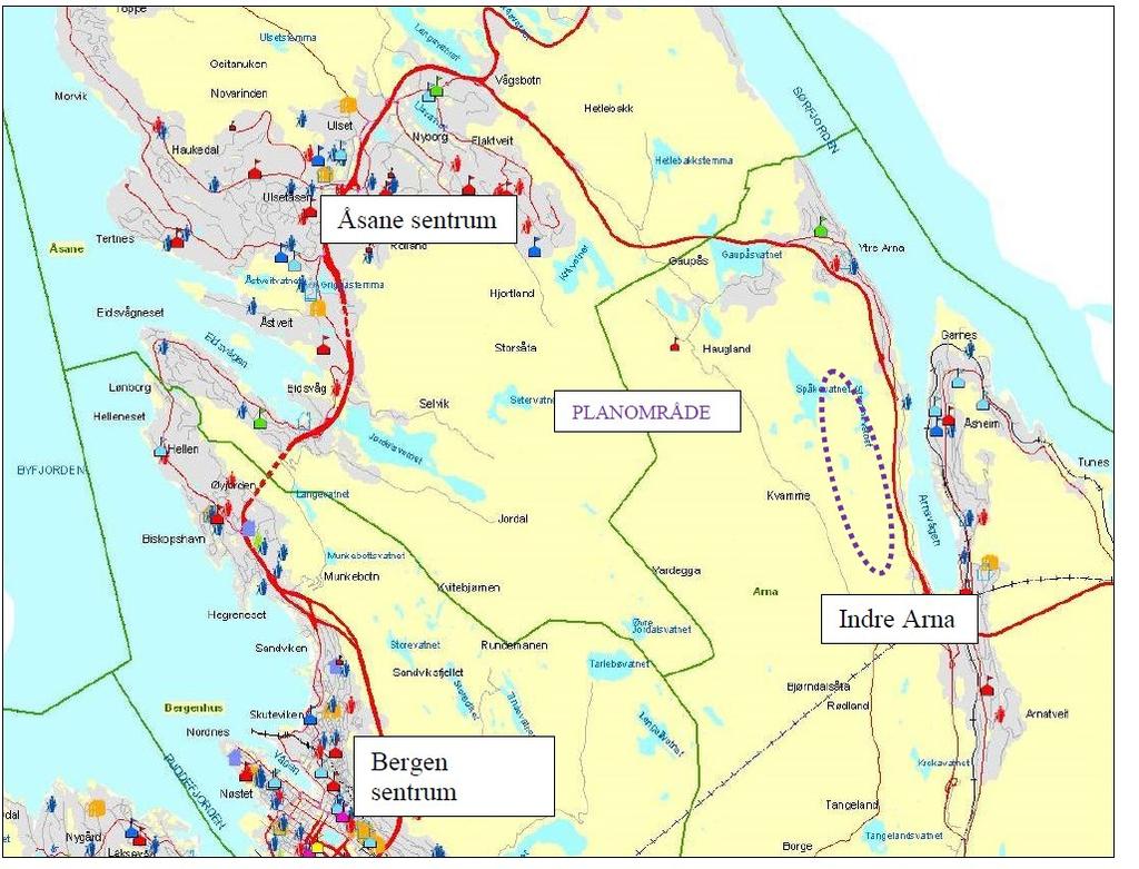 Vårheia ligger i Arna bydel, i de høyereliggende områdene vest for E16 mellom Indre og Ytre Arna. Området er ca. 1750 da stort. Utbyggingen vil skje i perioden 2015-2028.