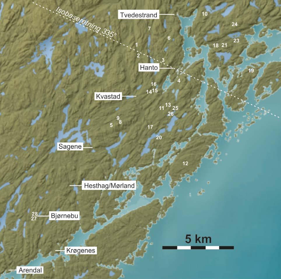 60 KYSTENS STEINALDER I AUST-AGDER Figur 1.8.3: Kart over området mellom Arendal og Tvedestrand.