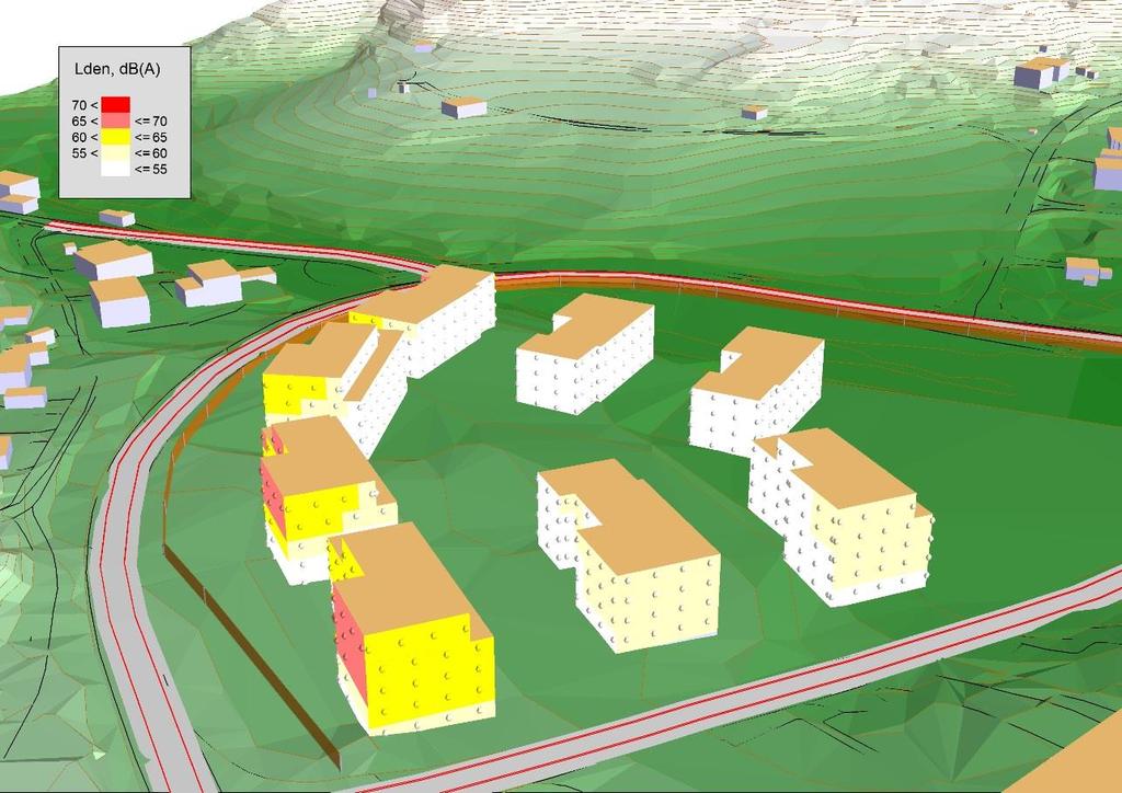 Figur 5. Beregnet ekvivalent lydnivå fra veitrafikk på fasader mot N. Gul farge viser støynivå L den >55 db. Hvit farge viser støynivå L den < 55 db. Figur 6.