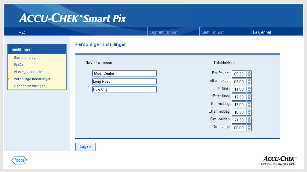 Kapittel 2, Installere Accu-Chek Smart Pix-systemet Personlige innstillinger Klikk på lenken Personlige innstillinger i navigasjonsfeltet. I visningsområdet vises nå alternativene.