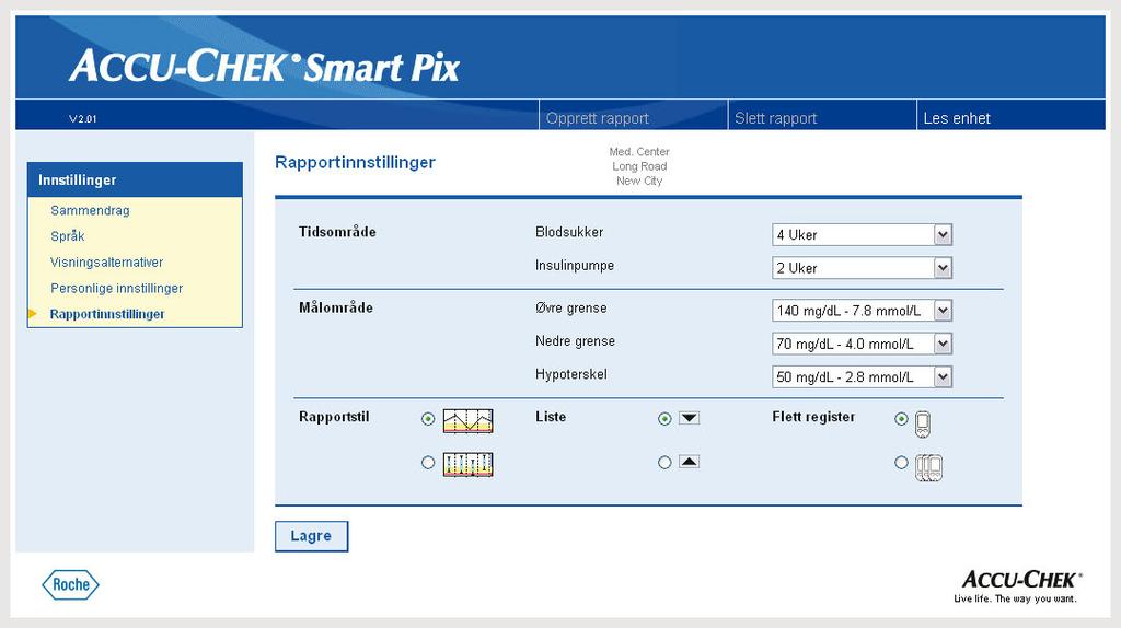 Kapittel 2, Installere Accu-Chek Smart Pix-systemet Rapportinnstillinger Klikk på lenken Rapportinnstillinger i navigasjonsfeltet.