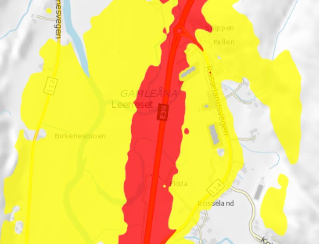 Støy Støyvarselkart fra Statens vegvesen viser at området er påvirket er påvirket av støy fra e 39 (gul- og rød støysone).