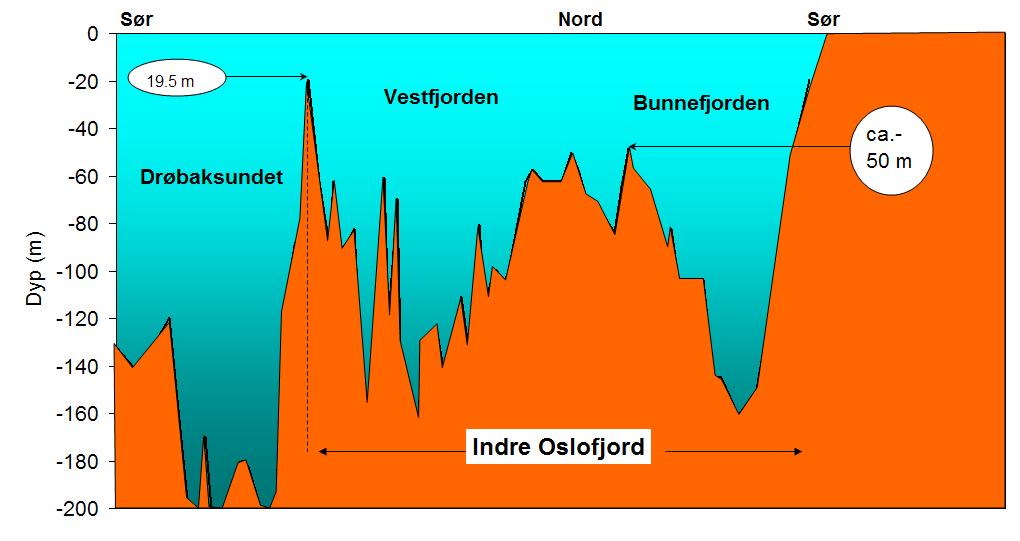 Dypest er det ute i Drøbaksundet. Indre Oslofjord er adskilt fra Drøbaksundet med en terskel på 19,5 m ved Drøbak. I Vestfjorden er det dypeste punktet 160 m ved stasjon Fl1.