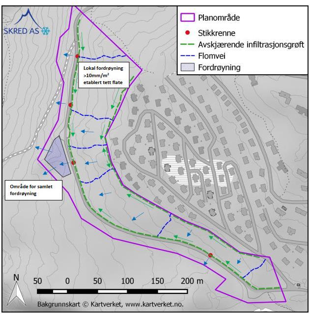 Foreløpige anbefalinger i rapport for flomveier og overvannshåndtering Utbyggingen av planområdet forventes å kunne påvirke avrenning fra feltet i hovedsak som en konsekvens av større andel tette