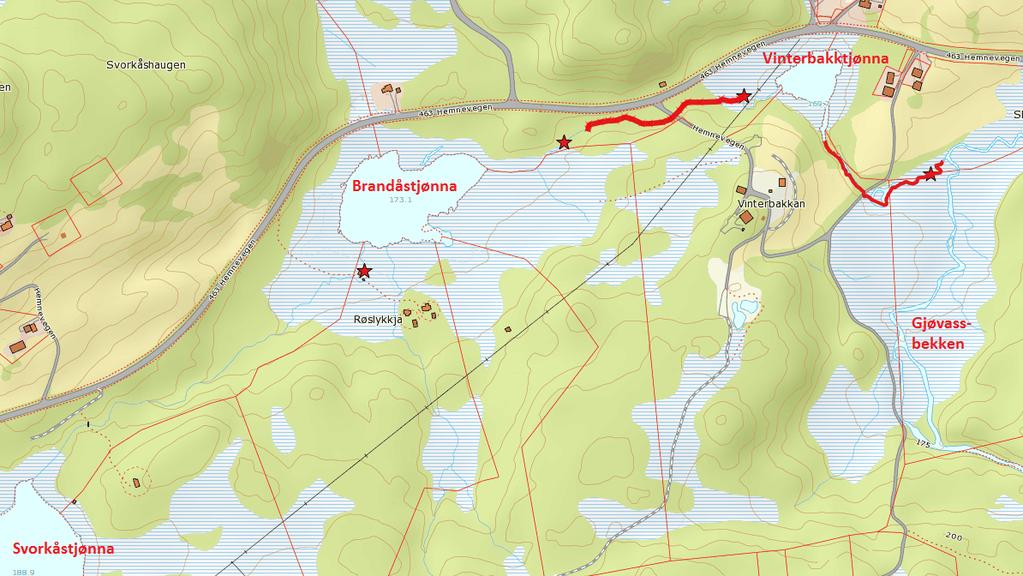 Vinterbakktjønna Brandåstjønna - Svorkåstjønna (Ruud & Berger 2016) Figur 9: Bekkesystemet fra Gjøvassbekken til Svorkåstjønna ble kartlagt i sin helet. Røde linjer indikerer 15.