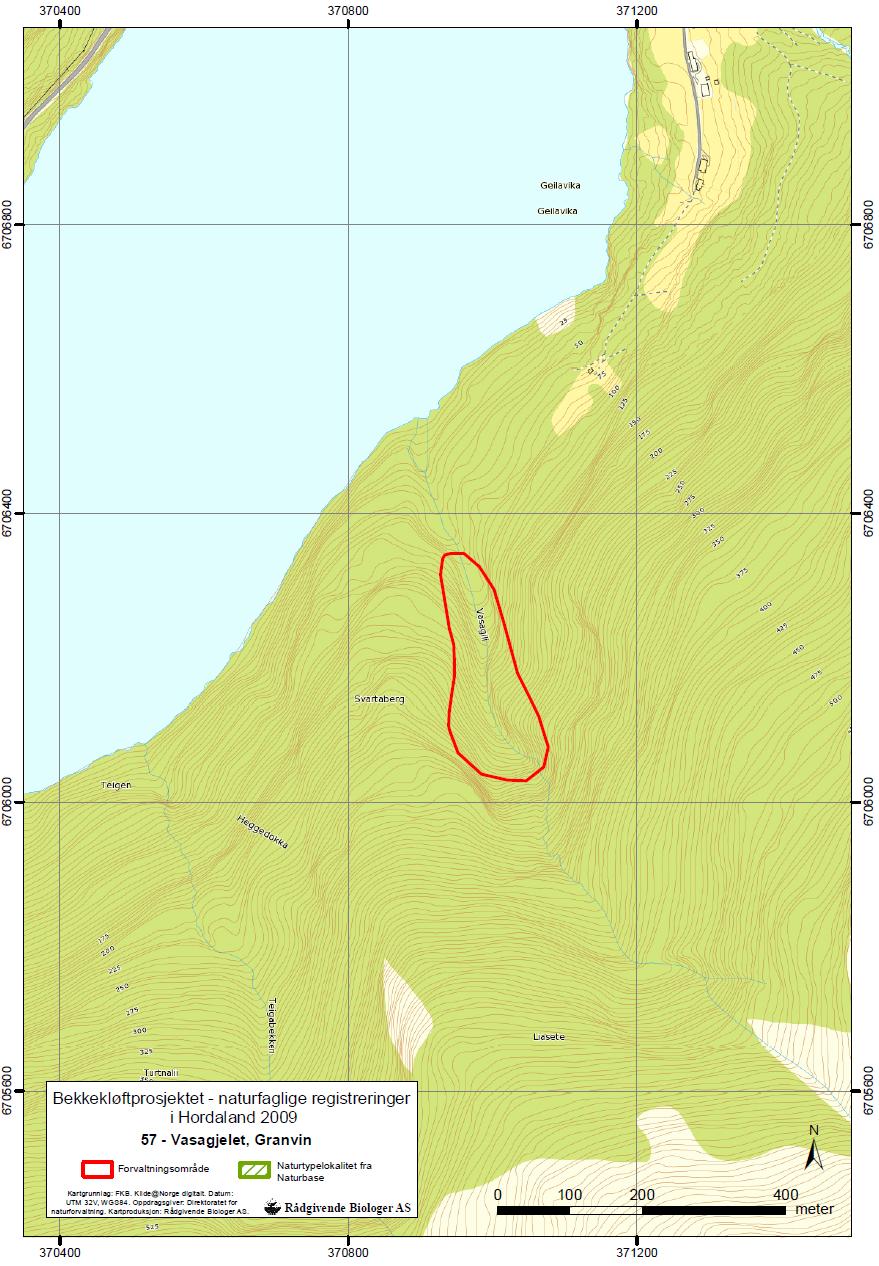 Figur 10. Kart som viser avgrenset forvaltningsområde for Vasagjelet (lok. 57).