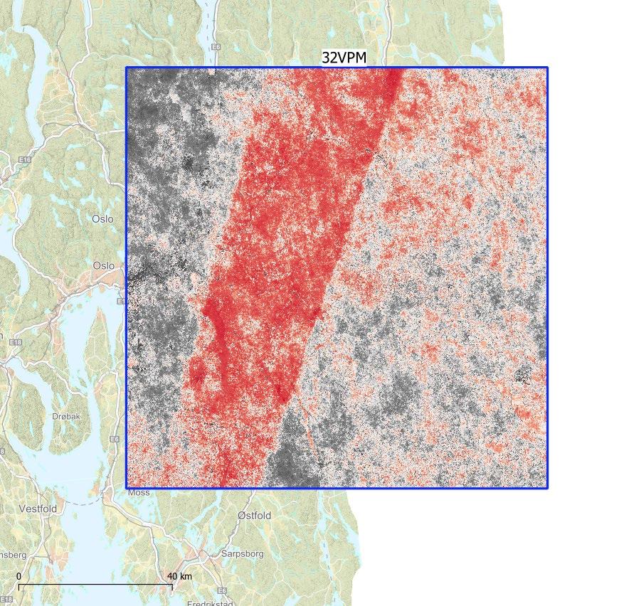 Figur 22. Antall skyfrie opptak i 2017 for et område på 100 km x 100 km. Nye flatehogster kan detekteres i flere av båndene, og særlig er det røde båndet (B04) (Fig.