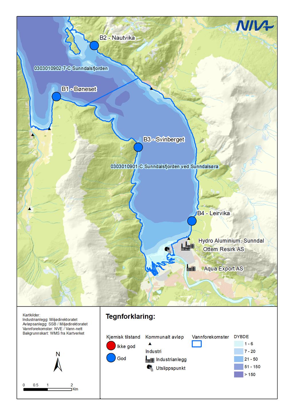 Figur 6. Oversikt over kjemisk tilstand i Sunndalsfjorden i 2017 basert på analyser av prioriterte miljøgifter i blåskjell.