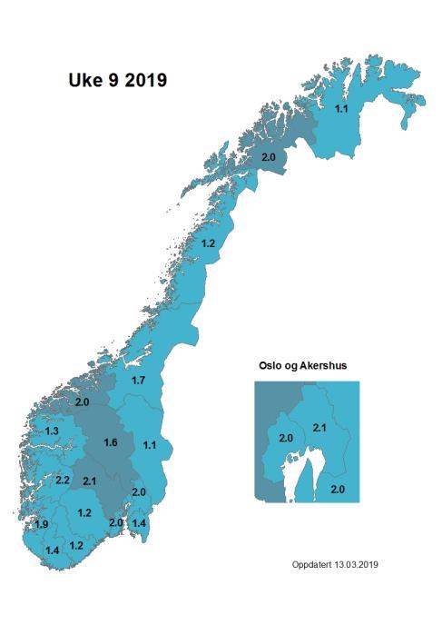 Kart med andel influensalignende sykdom Kartene under viser de fylkesvise andelene influensalignende sykdom fra uke 7 til og