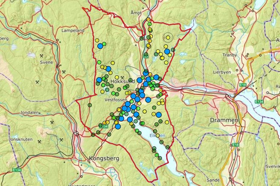 Rapportområder og dekningsgrad Kartet nedenfor viser lokaliteter i Øvre Eiker med fugleobservasjoner registrert på Artsobservasjoner i 2018.