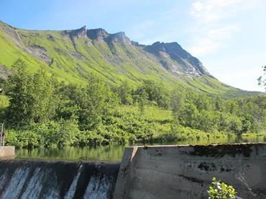 Fra vegen og om lag 300 m er terrenget < 27 o, ved om lag kote 150 blir skråningen mellom 27-35 o. Fra om lag kote 340 blir det brattere >35 o. Se figur 8.