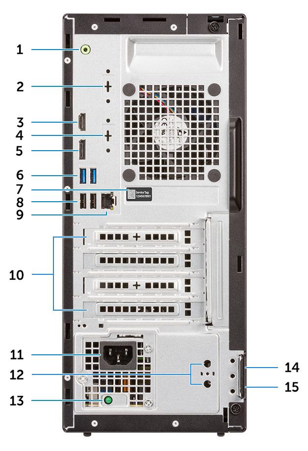 Sett bakfra 1 Utgangsport 2 Serieport (ekstrautstyr) 3 HDMI-port 4 DP/HDMI2.0b/VGA-port (ekstrautstyr) 5 DisplayPort 6 USB 3.1 Gen 1-porter (2) 7 Service-ID 8 USB 2.