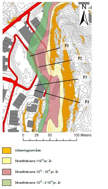 Figur 6: Inntegnet faresone for steinsprang for deler av Bjørndalsbrotet. Deler av delplanområdet vurdert i denne rapporten er merket med lilla (nordvestlige hjørne). 2.6. Observasjoner Som nevnt er denne vurderingen utført som en skrivebordsjobb.