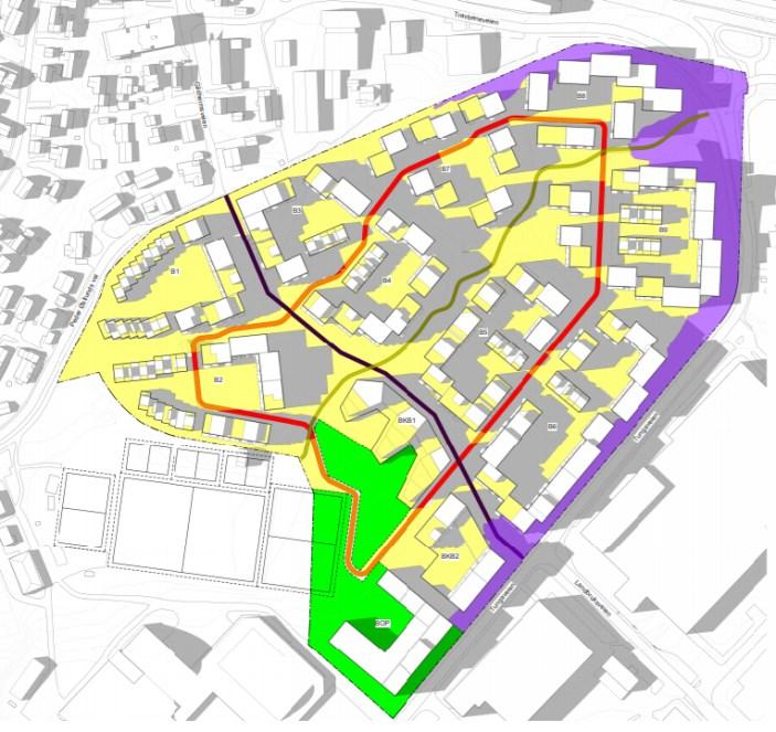 Innenfor planområdet legges det også til rette for en sammenhengende gangveg mellom ulike nabolag, rød tråd, som gir et tett gangvegnett tilrettelagt for folk i alle aldre.