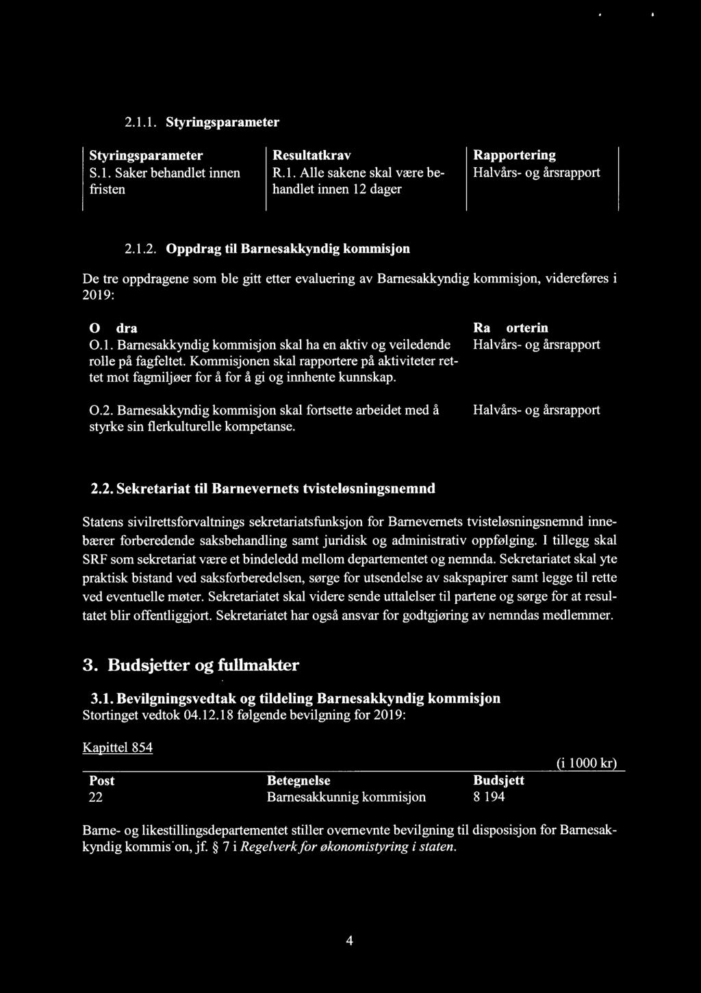 }":'fc.'l'.- ;'}/gxmwx I!/'19 2.1.1. Styringsparameter Styringsparameter Resultatkrav Rapportering S.1. Saker behandlet innen R.1. Alle sakene skal være be- Halvårs- og årsrapport fristen handlet innen 12 dager 2.