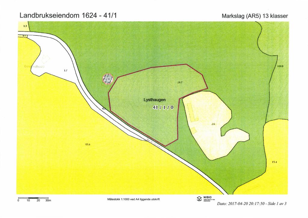 Landbrukseiendom 1624-41/1 Markslag (AR5) 13 klasser I 0 10 20 30m Målestokk