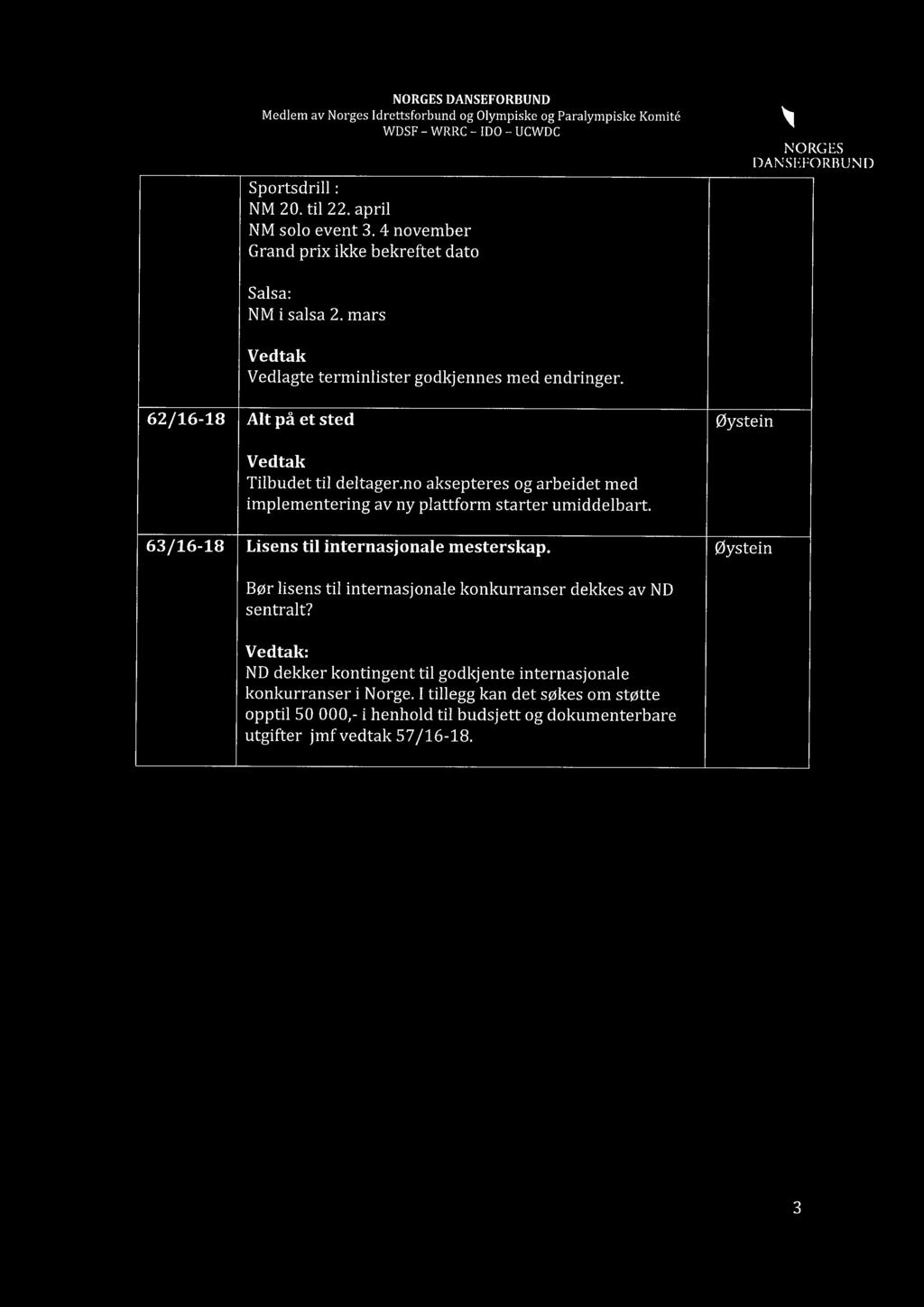 no aksepteres og arbeidet med implementering av ny plattform starter umiddelbart. 63/16-18 Lisens til internasjonale mesterskap.