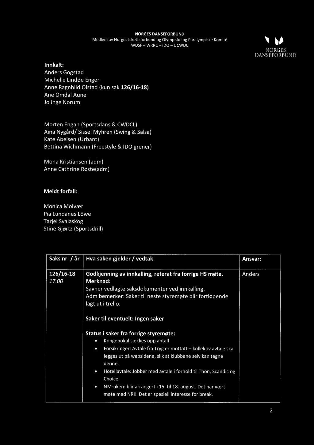 Gjørtz (Sportsdrill) Saks nr. / år Hva saken gjelder / vedtak Ansvar: 126/16-18 Godkjenning av innkalling, referat fra forrige HS møte. Anders 17.