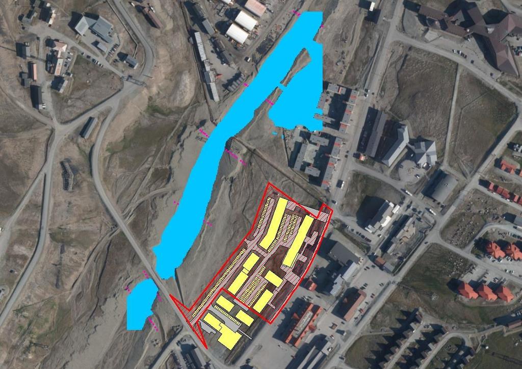 Figur 11: Flomsonekart som viser utbredelsen av vann for en 200-års flom, inkludert 40 % klimapåslag, i Longyearelva. Modellens avgrensning er vist med gul, stiplet linje. 6.