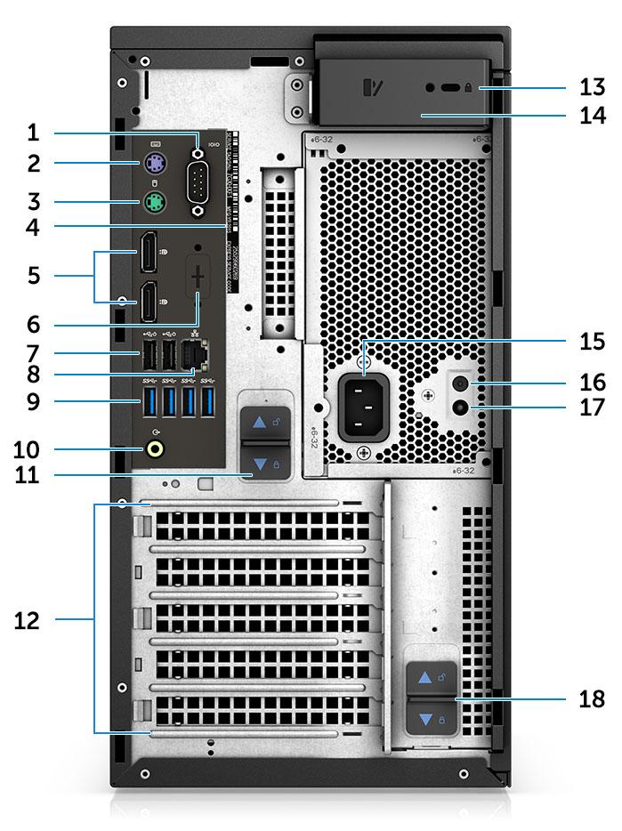 Sett bakfra 1 Serieport 2 PS2-port (tastatur) 3 PS2-port (mus) 4 Service Tag 5 DisplayPort x 2 6 Plassholder for ekstra VGA, DP, HDMI, Type-C datterkort 7 To USB 2.