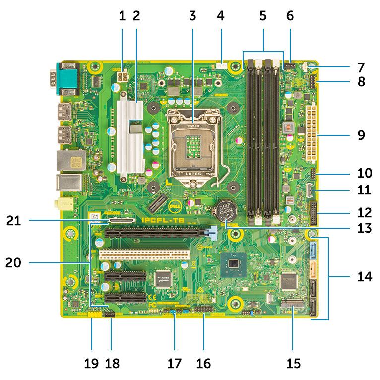 Motherboard layout (Moderkortoppsett) Tower system board components (Systemkortkomponenter for Tårn) 1 Strøm (CPU) 2 VR varmeavleder (kun tilgjengelig med 95 W varmeavlederløsning) 3