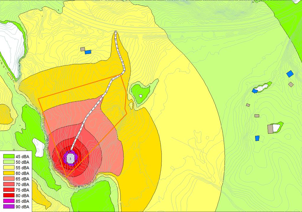 Figur 7 viser ekvivalent lydnivå ved eventuell drift på kveld (09-23) eller natt (23-07). Figur 7: Beregnet ekvivalent lydnivå for kveld eller natt (L e / L n), fra lokasjon 3.