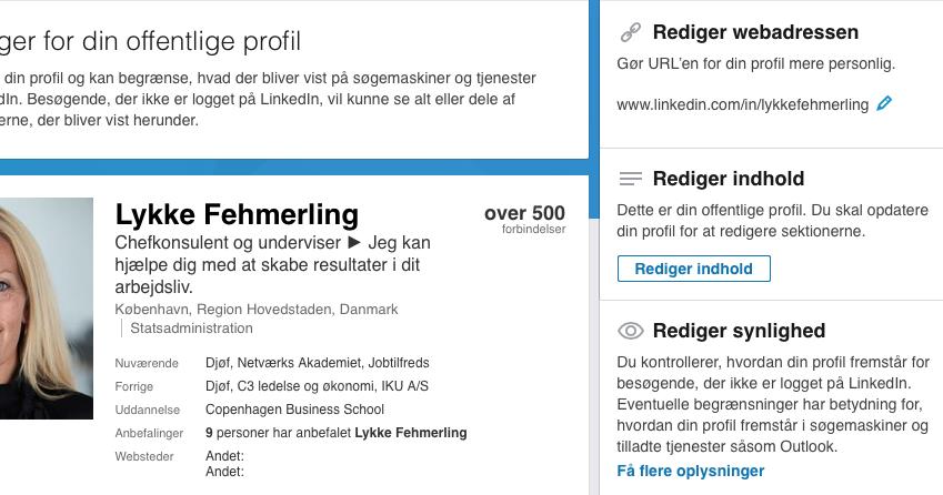 11 Få en personlig URL Du kan få en personlig URL til din linkedinprofil, så den fremstår mere professionel. Så kan du bruge den på dit cv, dine visitkort og i din autosignatur i mails. Tip!