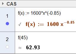 Vi skriver inn «x 45» og bruker deretter «Skjæring mellom to objekt». Dette kan også løses ved å skrive uttrykket inn i CAS, og regner ut for x 45.