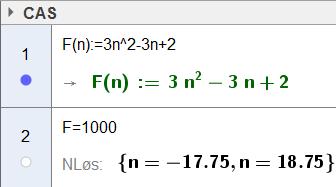 4 Fn n n+ + n + n 3 3 n n+ c Vi kan løse oppgaven på flere måter. Vi viser først grafisk løsning. Vi skriver inn uttrykket over inn i GeoGebra, tegner linja «y 1000» og finner skjæringspunktet.
