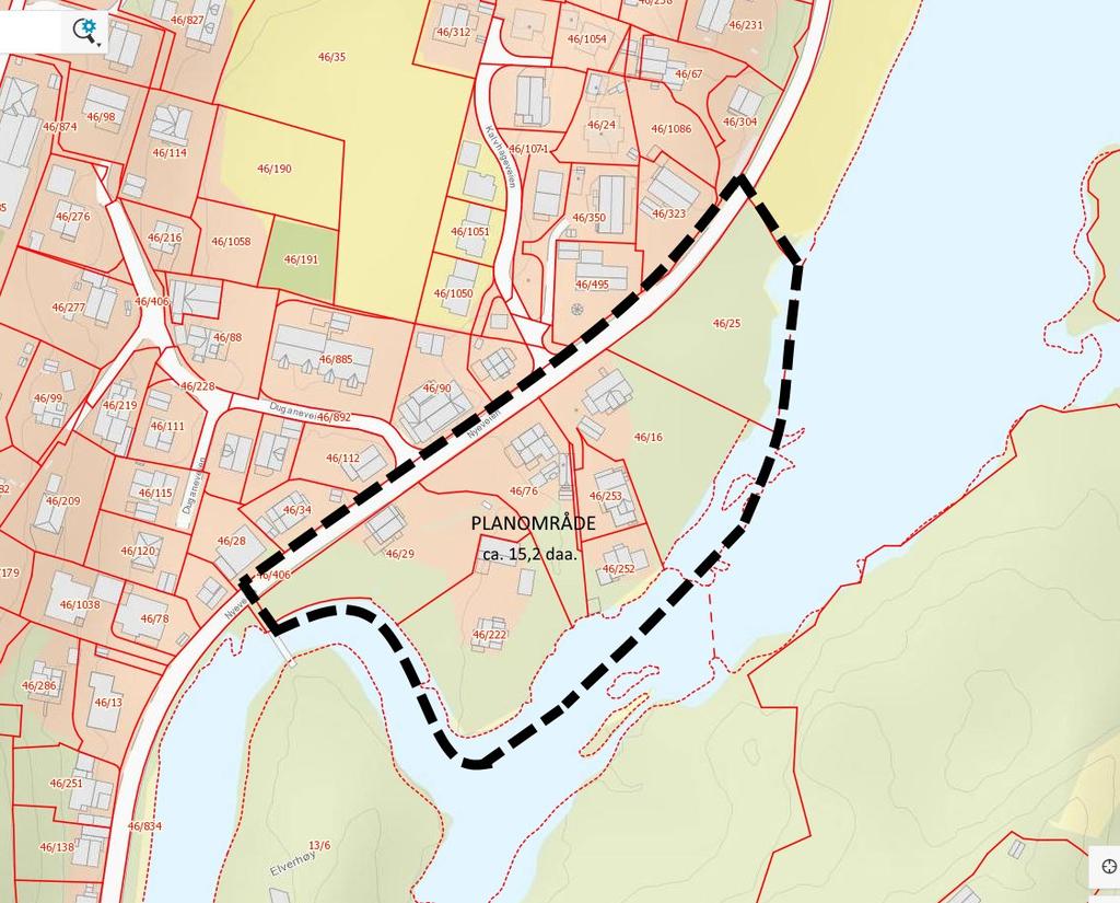 Planområdet omfatter en rekke eiendommer øst for Nyeveien. Planområdet utgjør et areal på ca. 15,2 daa. Planens begrensning er vist med rød, stiplet linje i figur 2.