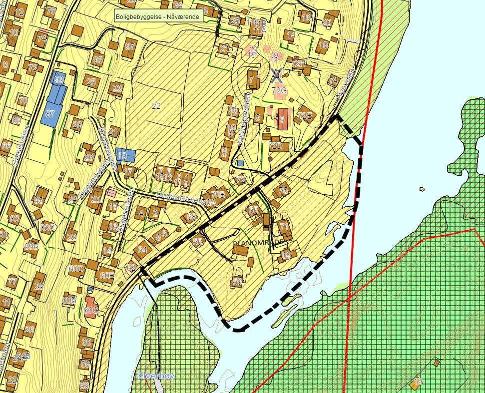 Figur 3: Utsnitt av kommuneplanen for sentrum. Planområdet er innenfor rød stiplet linje. Kartkilde: www.eigersund.kommune.no Gjeldende reguleringsplaner Deler av planområdet omfattes av gjeldende reguleringsplan Havsøyområde 1966 (1-2) planid 1101 19640001-03.