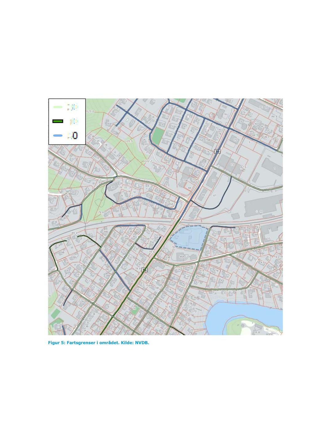 6 2.4 Fartsgrenser I området nærmest planområdet er det relativt lave hastigheter. Informasjon om fartsgrenser i området er hentet fra N VDB og er illustrert i Figur 5.