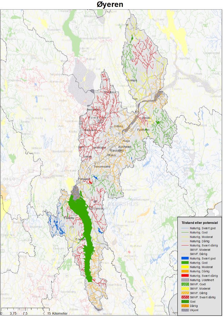 Figur 6 Kart over økologisk tilstand (naturlige vannforekomster) eller økologisk