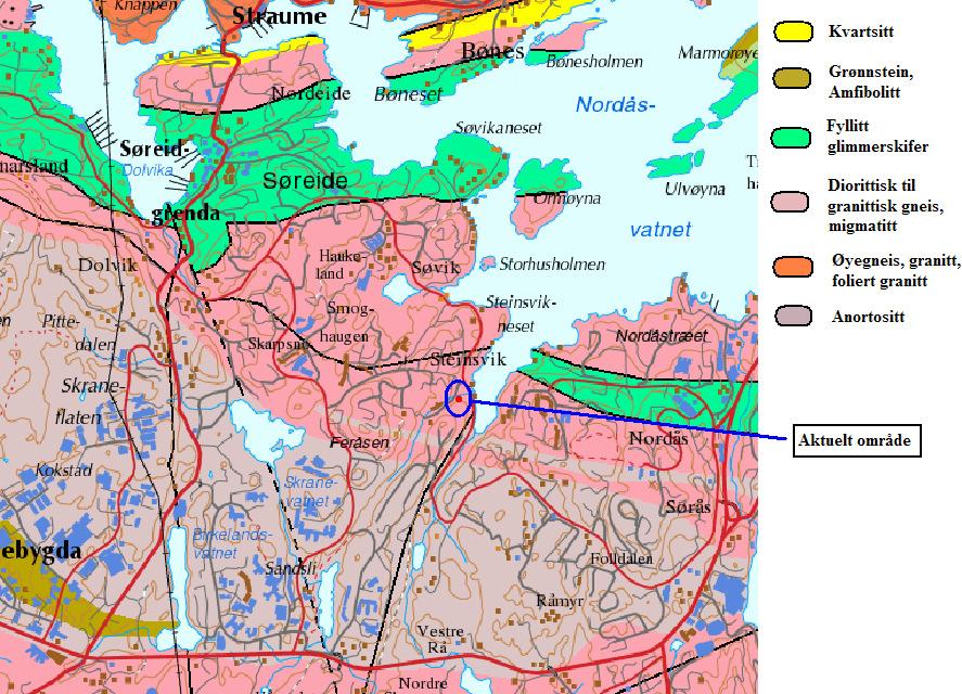 Figur 2: Berggrunnskart for aktuelt område. (www.ngu.no) Sprekkeforhold Det er ikke gjennomført noen detaljert sprekkekartlegging i området, men det er registrert 4 sprekkesystemer.