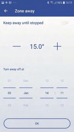 Away mode Main view - Away mode. Away mode: Set Away mode temperature until you manually stop the settings.